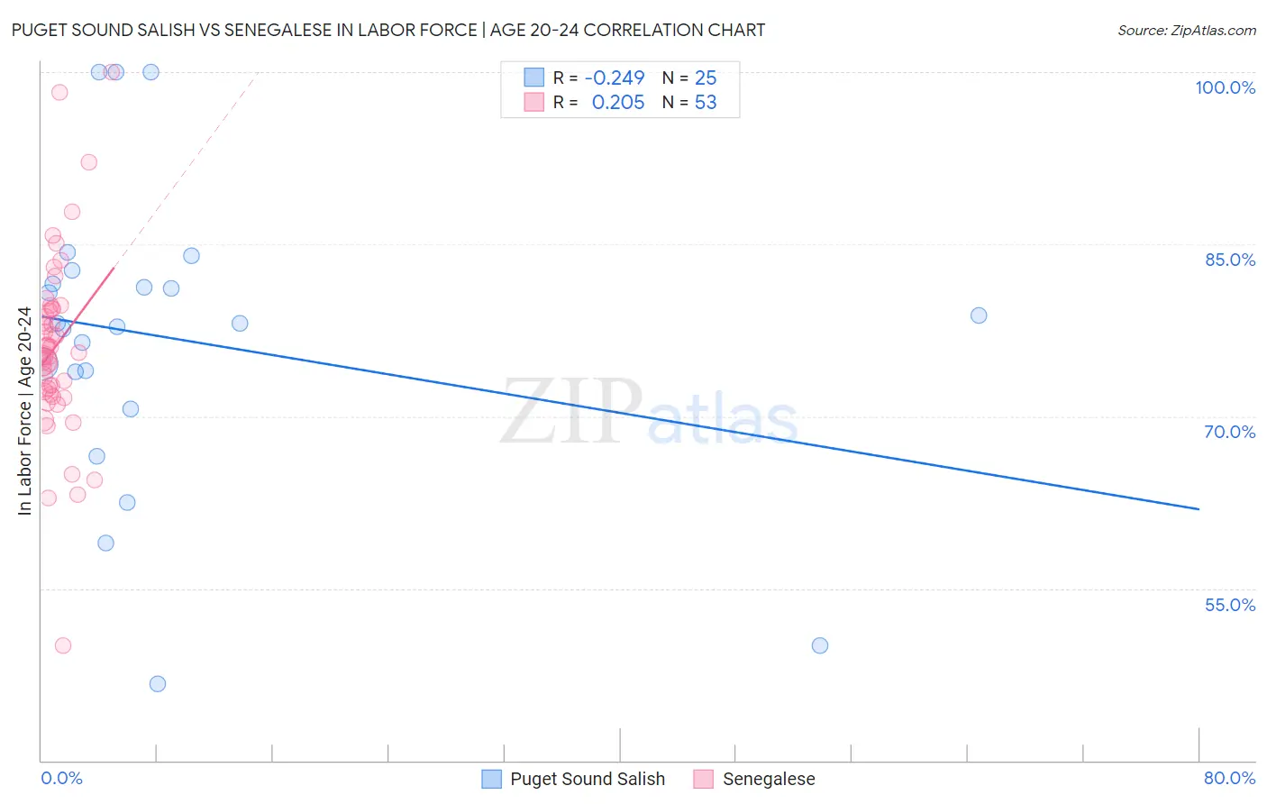 Puget Sound Salish vs Senegalese In Labor Force | Age 20-24