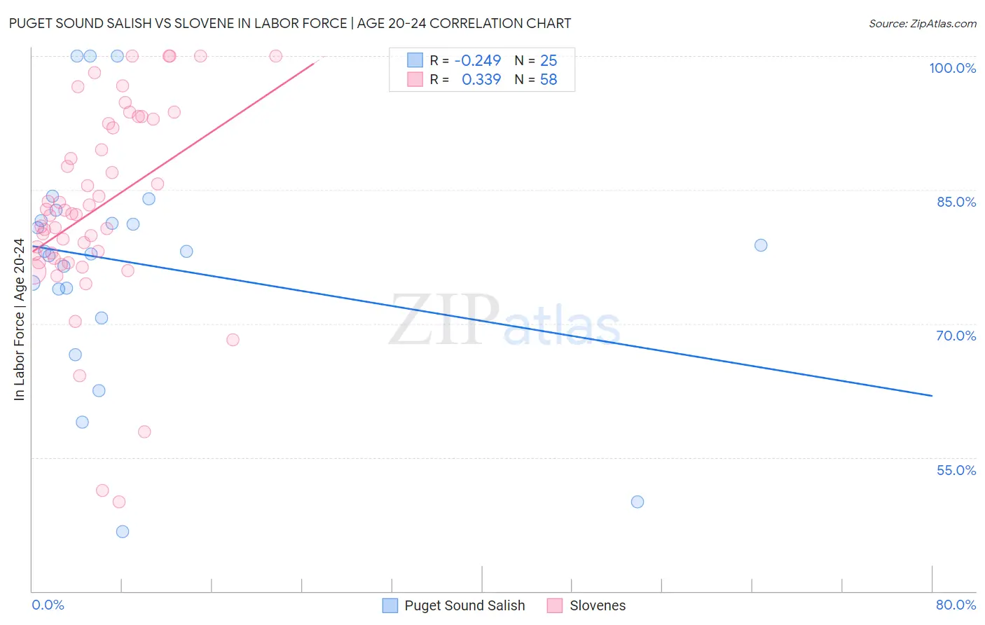 Puget Sound Salish vs Slovene In Labor Force | Age 20-24