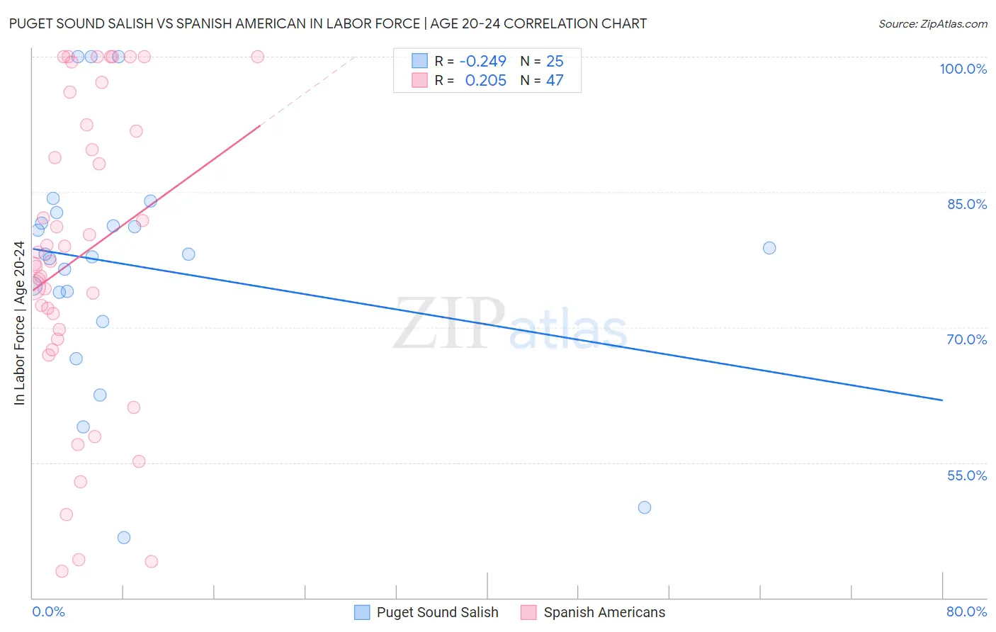 Puget Sound Salish vs Spanish American In Labor Force | Age 20-24