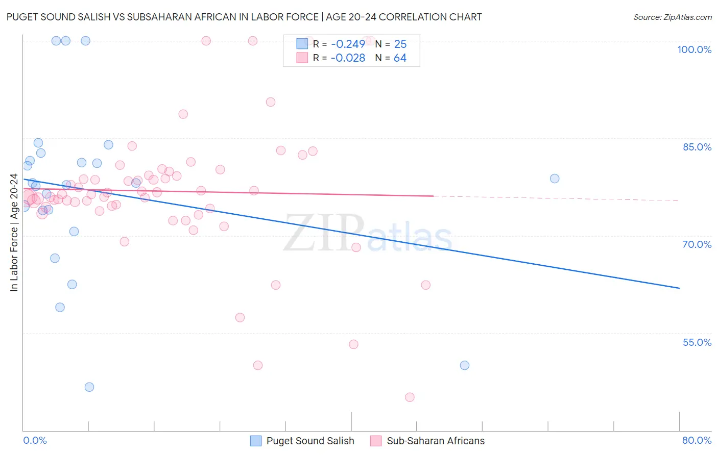 Puget Sound Salish vs Subsaharan African In Labor Force | Age 20-24