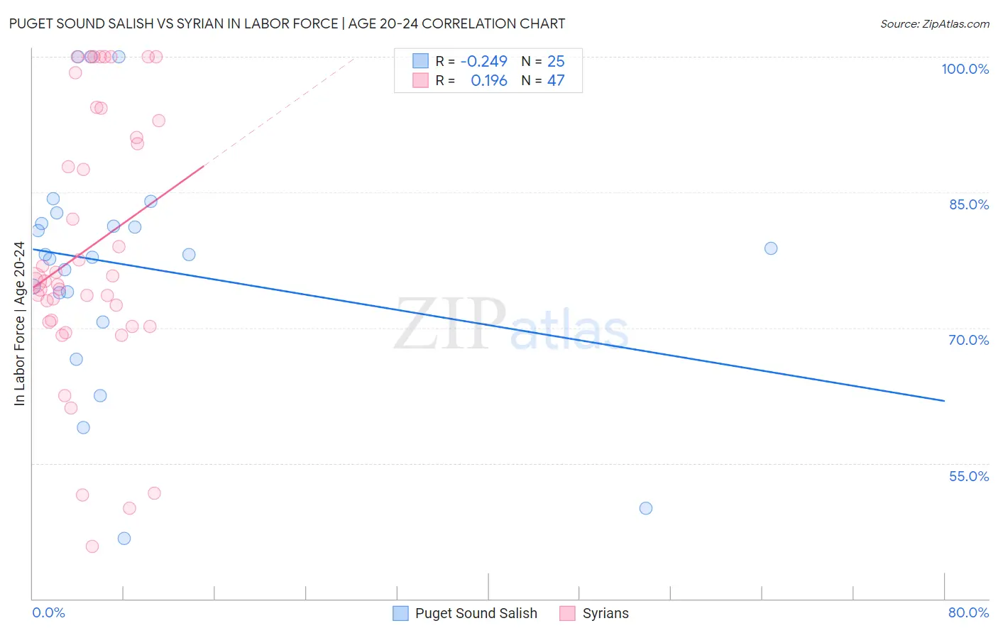Puget Sound Salish vs Syrian In Labor Force | Age 20-24