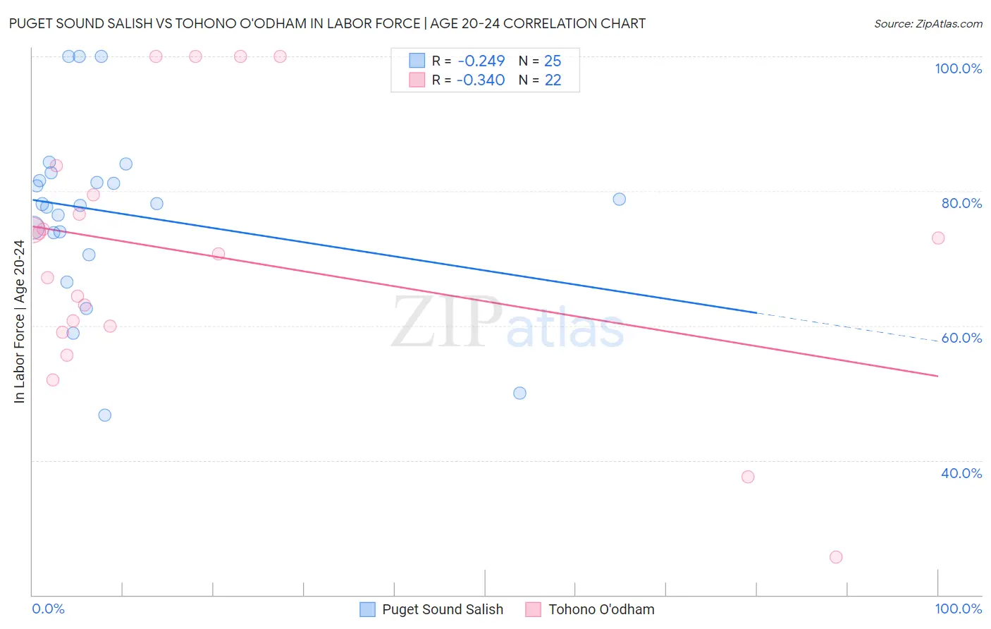 Puget Sound Salish vs Tohono O'odham In Labor Force | Age 20-24