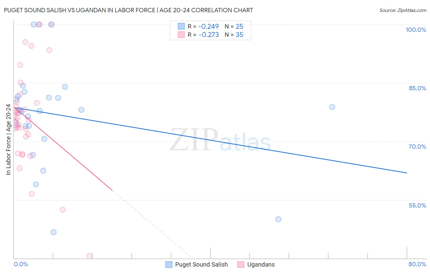 Puget Sound Salish vs Ugandan In Labor Force | Age 20-24