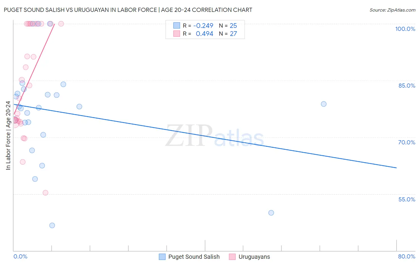 Puget Sound Salish vs Uruguayan In Labor Force | Age 20-24