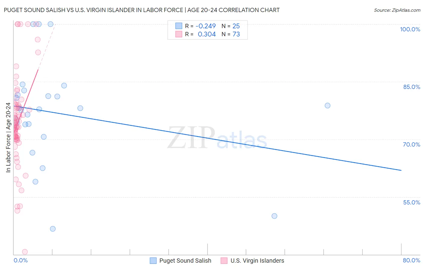 Puget Sound Salish vs U.S. Virgin Islander In Labor Force | Age 20-24