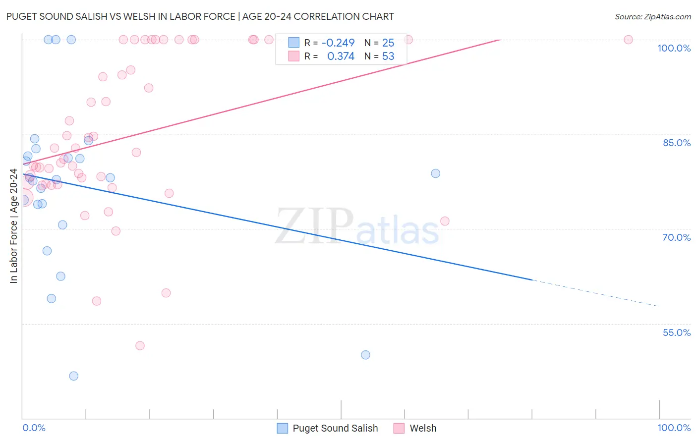 Puget Sound Salish vs Welsh In Labor Force | Age 20-24