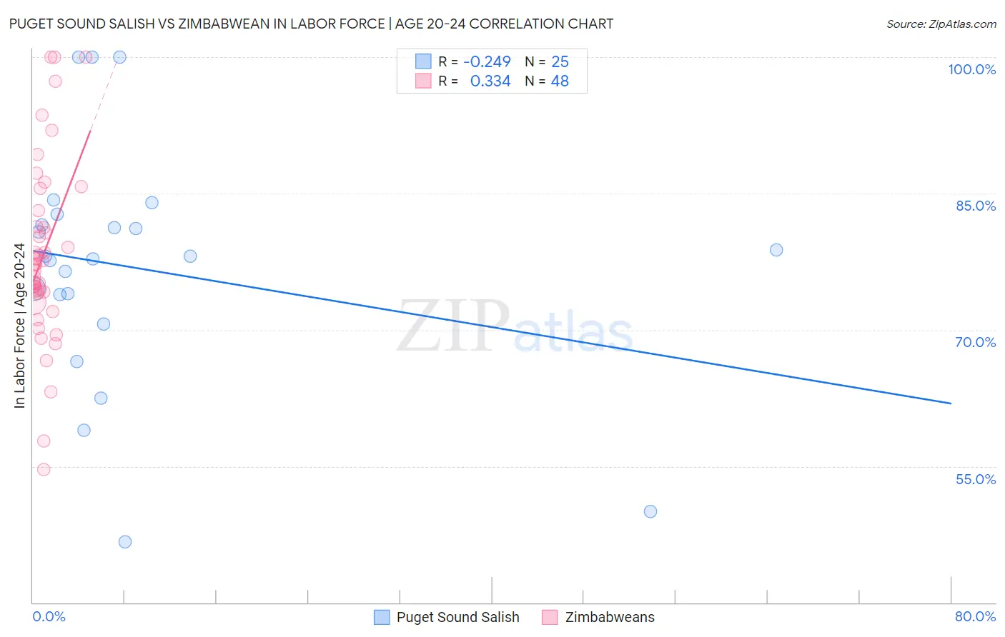 Puget Sound Salish vs Zimbabwean In Labor Force | Age 20-24