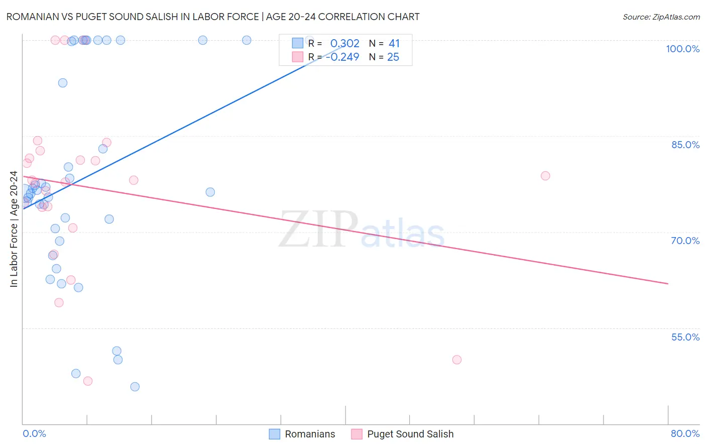 Romanian vs Puget Sound Salish In Labor Force | Age 20-24