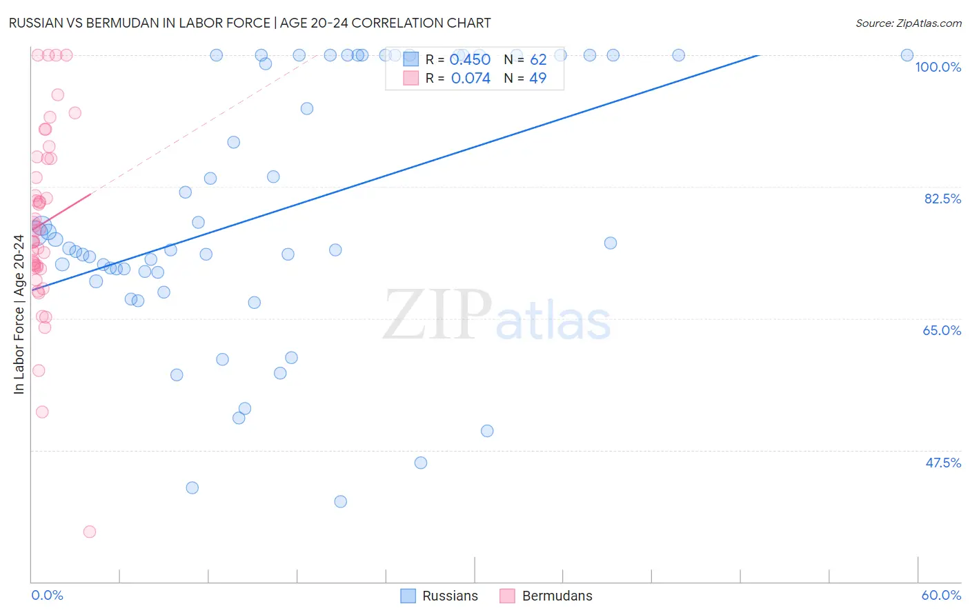 Russian vs Bermudan In Labor Force | Age 20-24