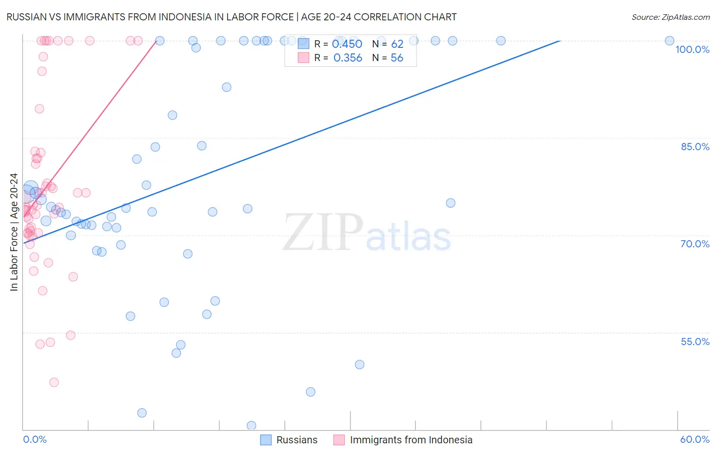 Russian vs Immigrants from Indonesia In Labor Force | Age 20-24