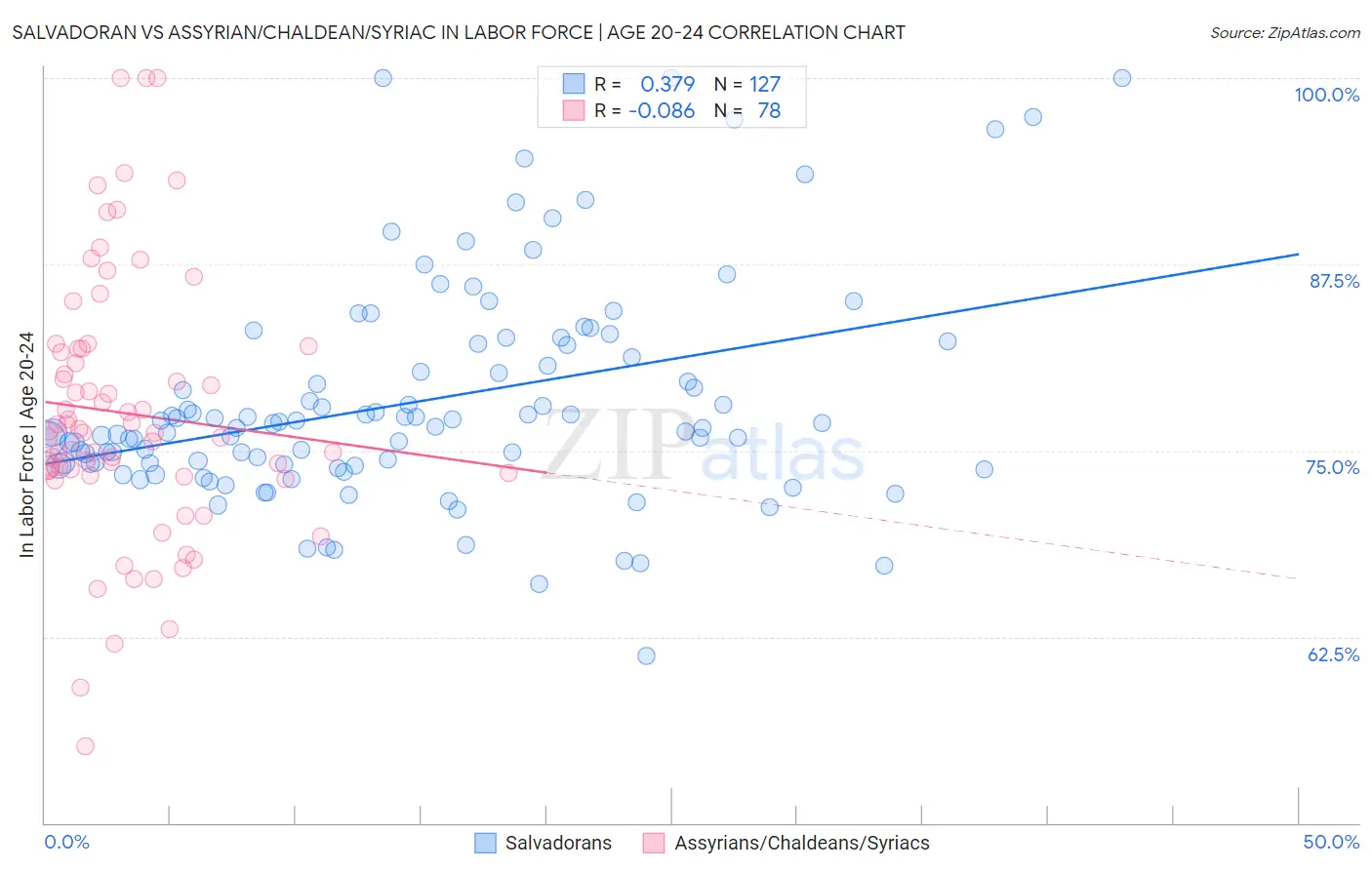 Salvadoran vs Assyrian/Chaldean/Syriac In Labor Force | Age 20-24