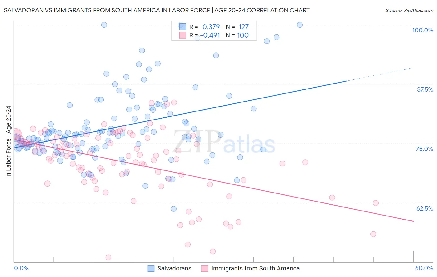Salvadoran vs Immigrants from South America In Labor Force | Age 20-24