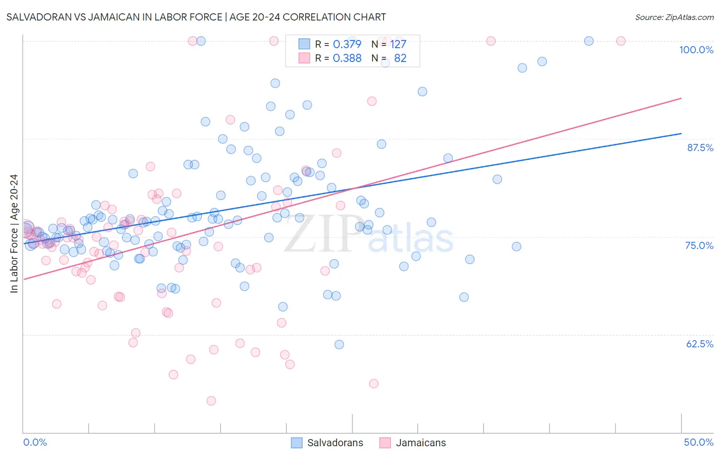 Salvadoran vs Jamaican In Labor Force | Age 20-24