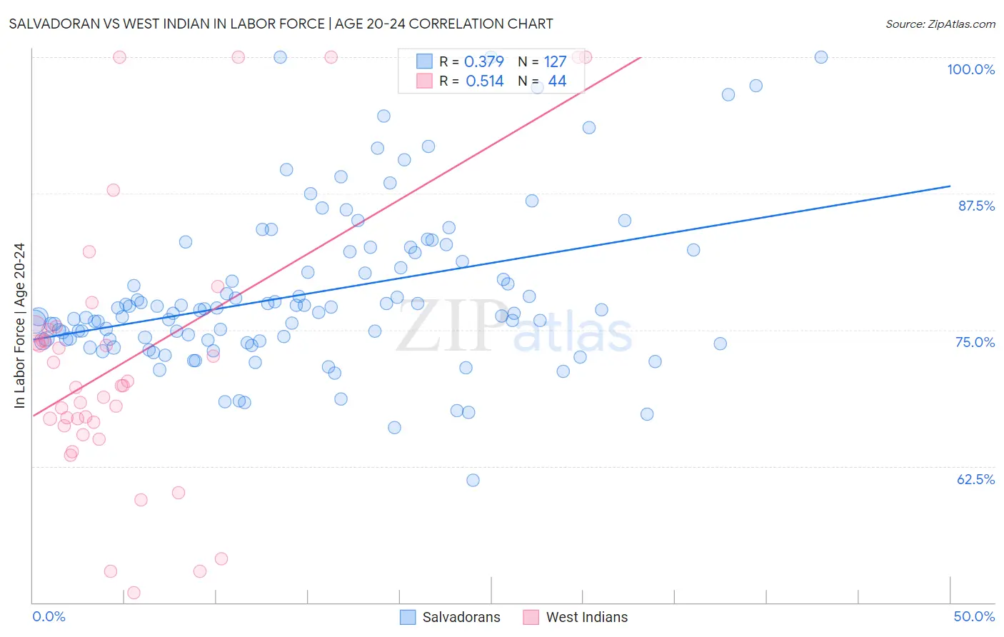 Salvadoran vs West Indian In Labor Force | Age 20-24