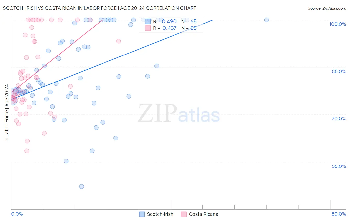 Scotch-Irish vs Costa Rican In Labor Force | Age 20-24