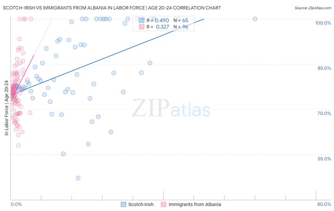 Scotch-Irish vs Immigrants from Albania In Labor Force | Age 20-24