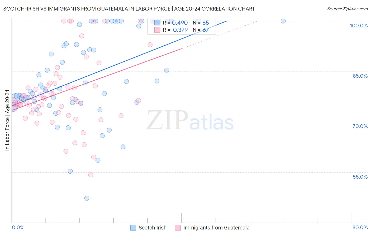 Scotch-Irish vs Immigrants from Guatemala In Labor Force | Age 20-24