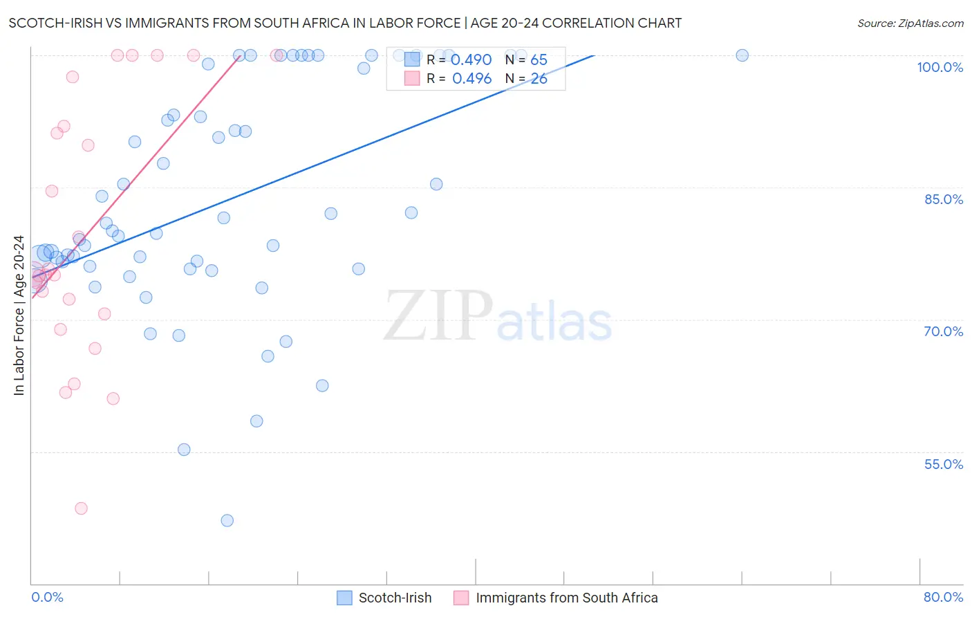 Scotch-Irish vs Immigrants from South Africa In Labor Force | Age 20-24