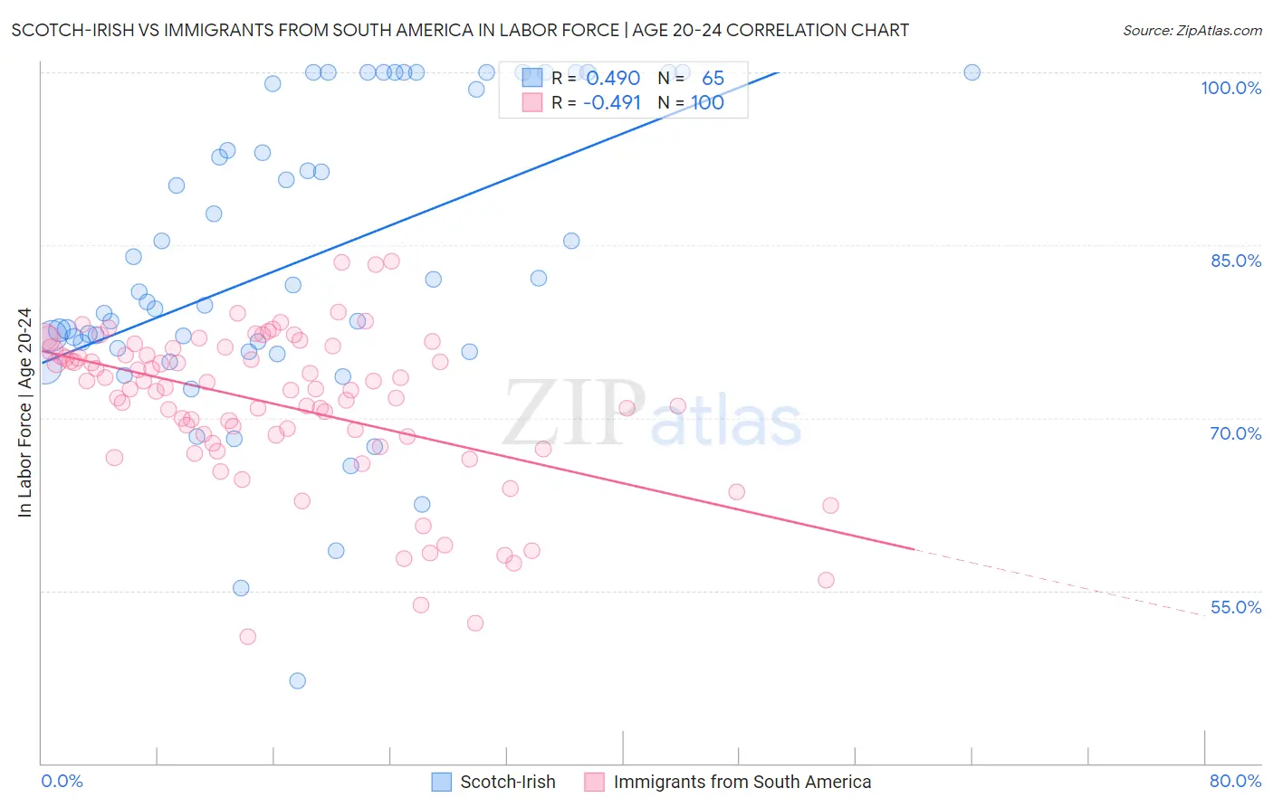 Scotch-Irish vs Immigrants from South America In Labor Force | Age 20-24