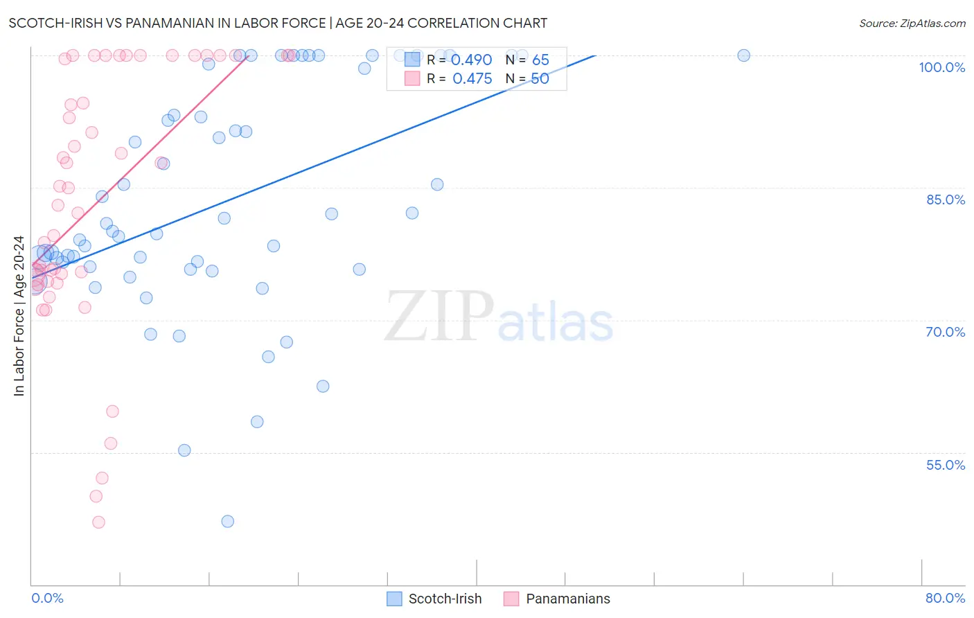 Scotch-Irish vs Panamanian In Labor Force | Age 20-24