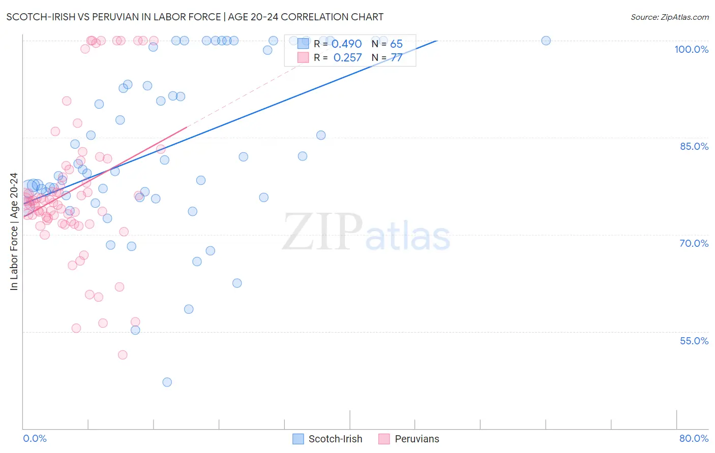 Scotch-Irish vs Peruvian In Labor Force | Age 20-24
