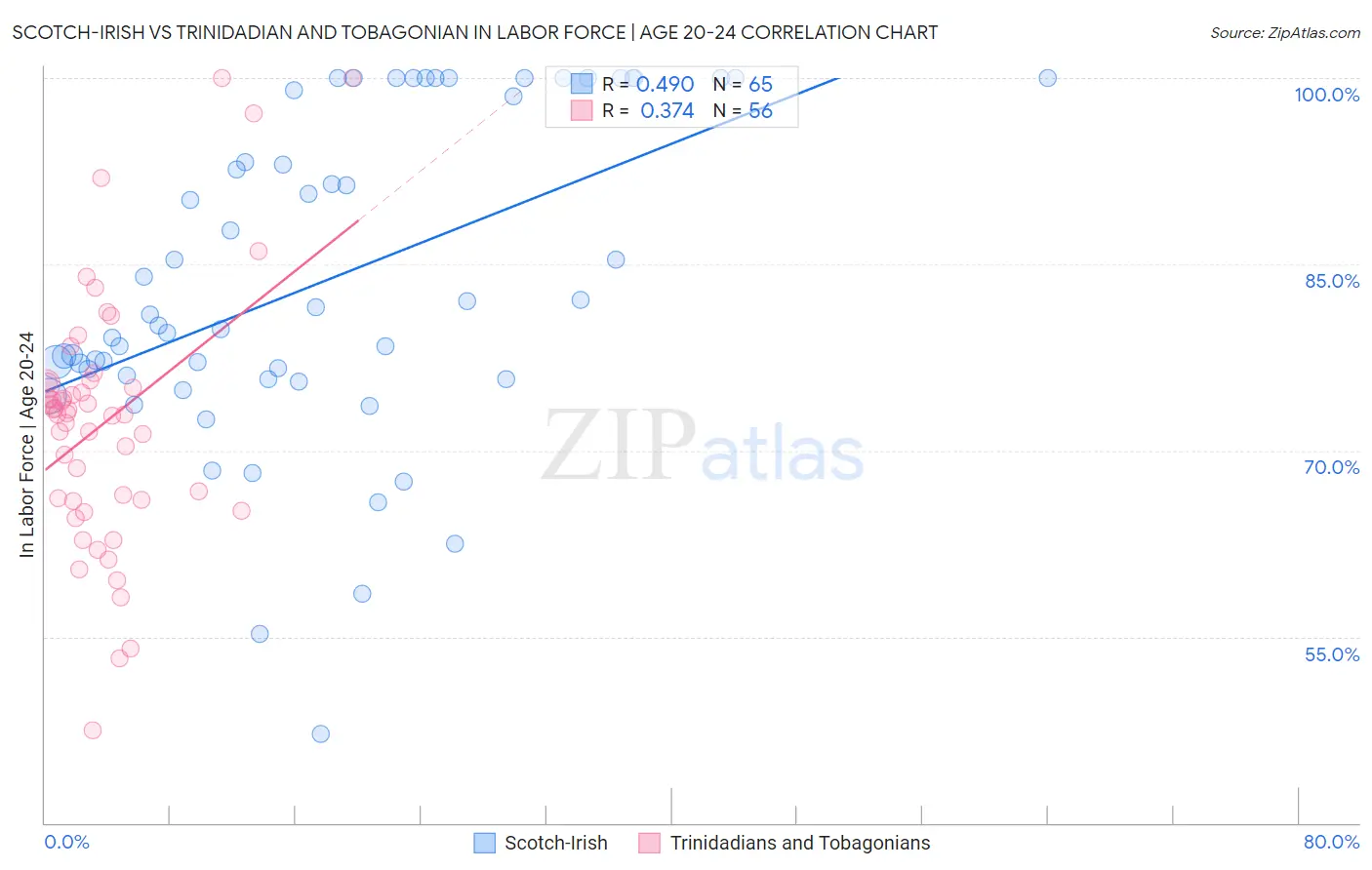 Scotch-Irish vs Trinidadian and Tobagonian In Labor Force | Age 20-24