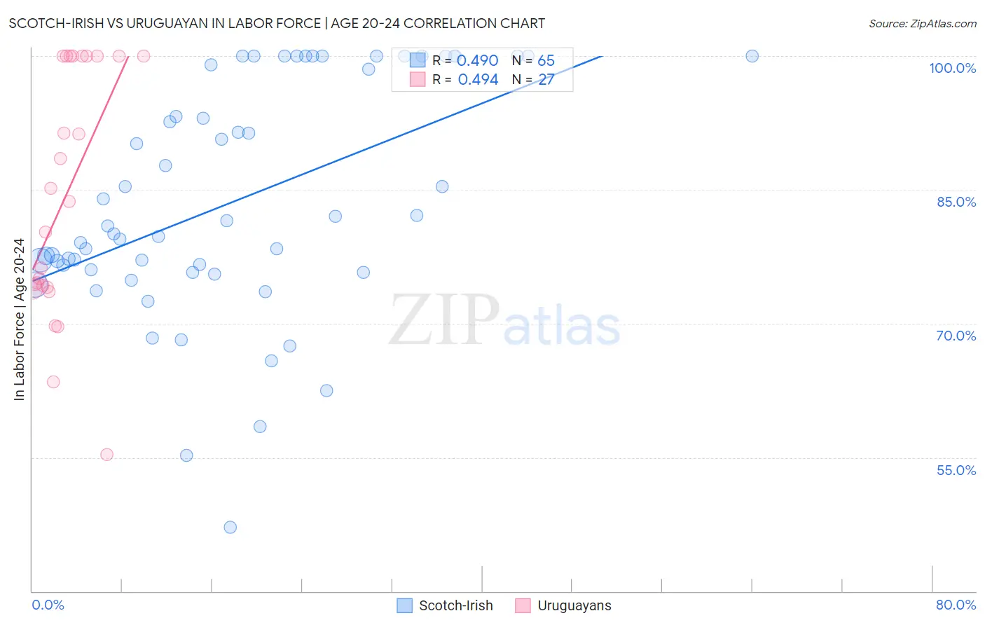 Scotch-Irish vs Uruguayan In Labor Force | Age 20-24