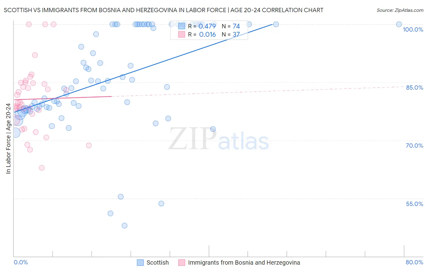 Scottish vs Immigrants from Bosnia and Herzegovina In Labor Force | Age 20-24