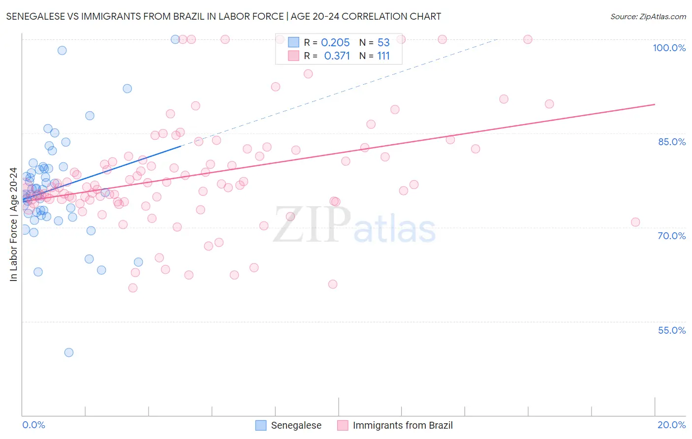 Senegalese vs Immigrants from Brazil In Labor Force | Age 20-24