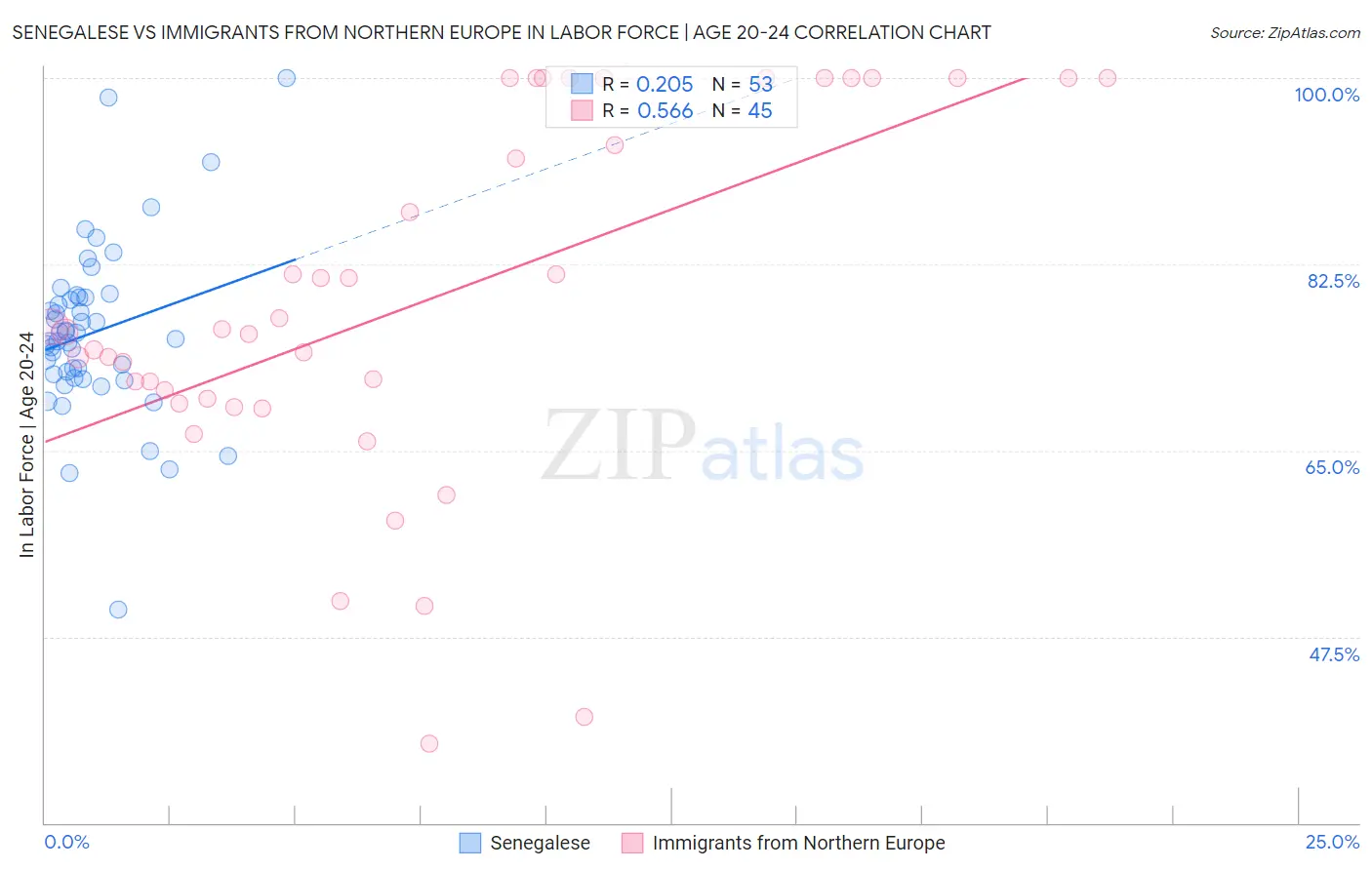 Senegalese vs Immigrants from Northern Europe In Labor Force | Age 20-24
