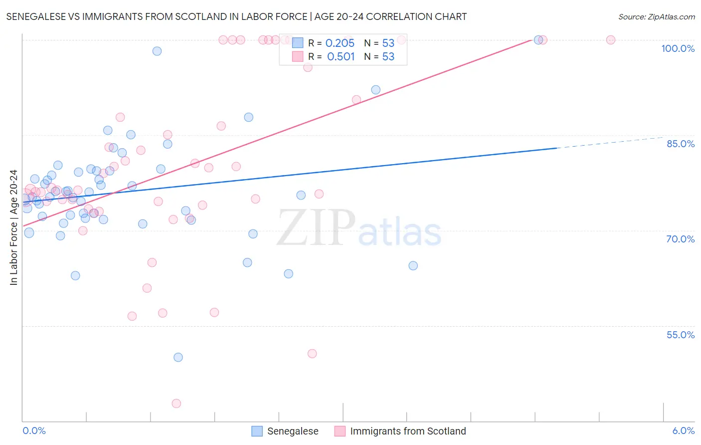 Senegalese vs Immigrants from Scotland In Labor Force | Age 20-24