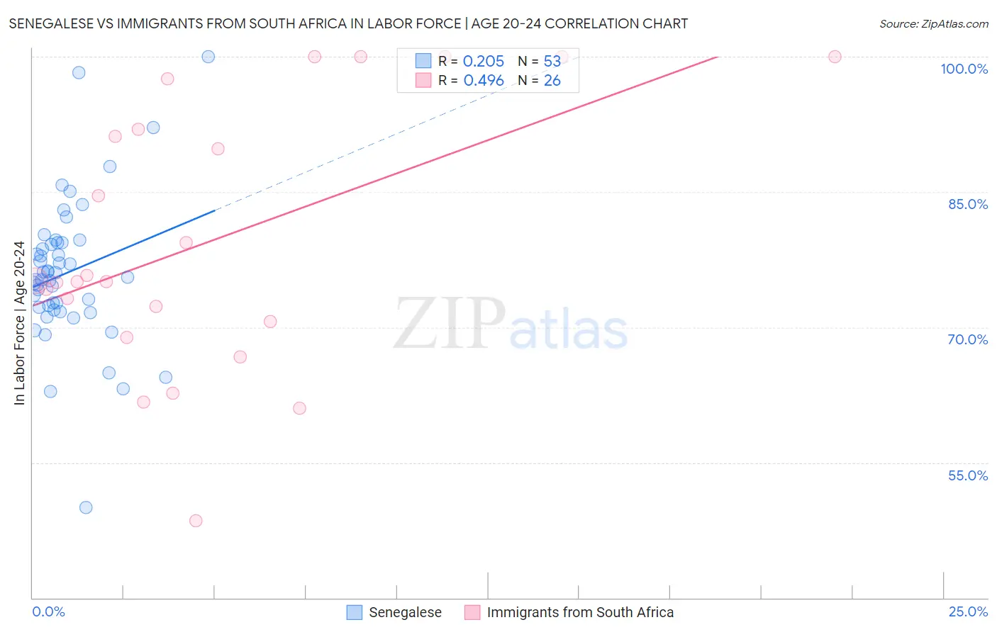 Senegalese vs Immigrants from South Africa In Labor Force | Age 20-24