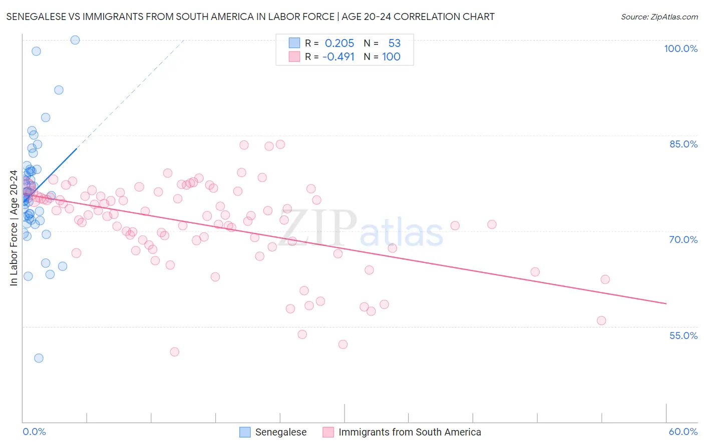 Senegalese vs Immigrants from South America In Labor Force | Age 20-24