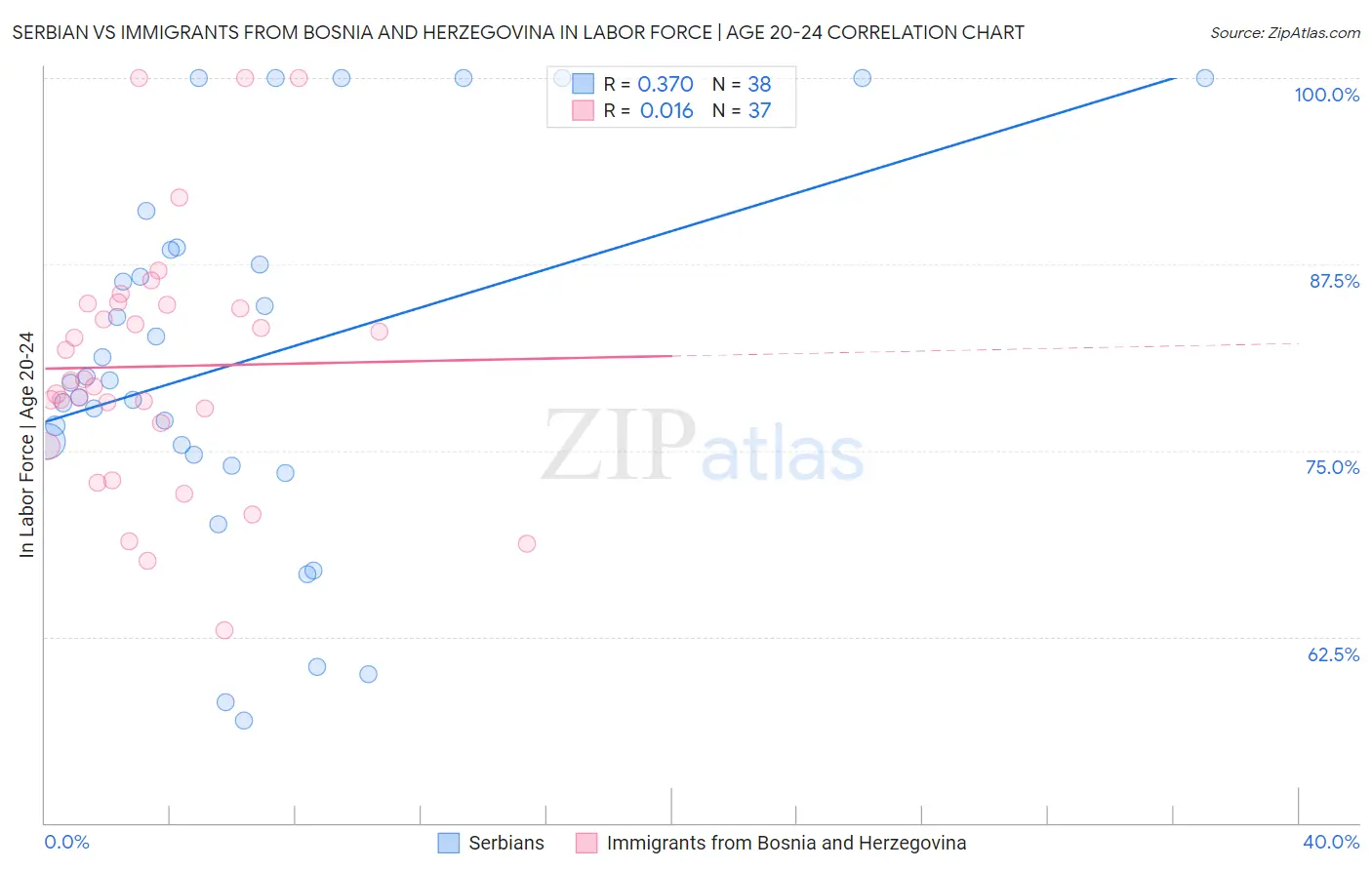 Serbian vs Immigrants from Bosnia and Herzegovina In Labor Force | Age 20-24