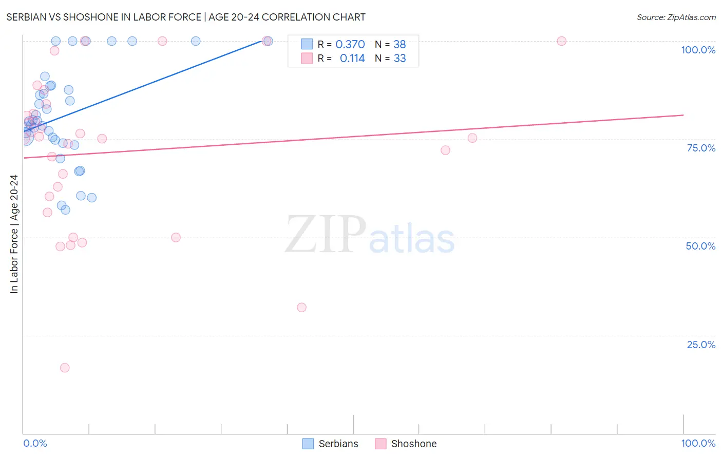 Serbian vs Shoshone In Labor Force | Age 20-24