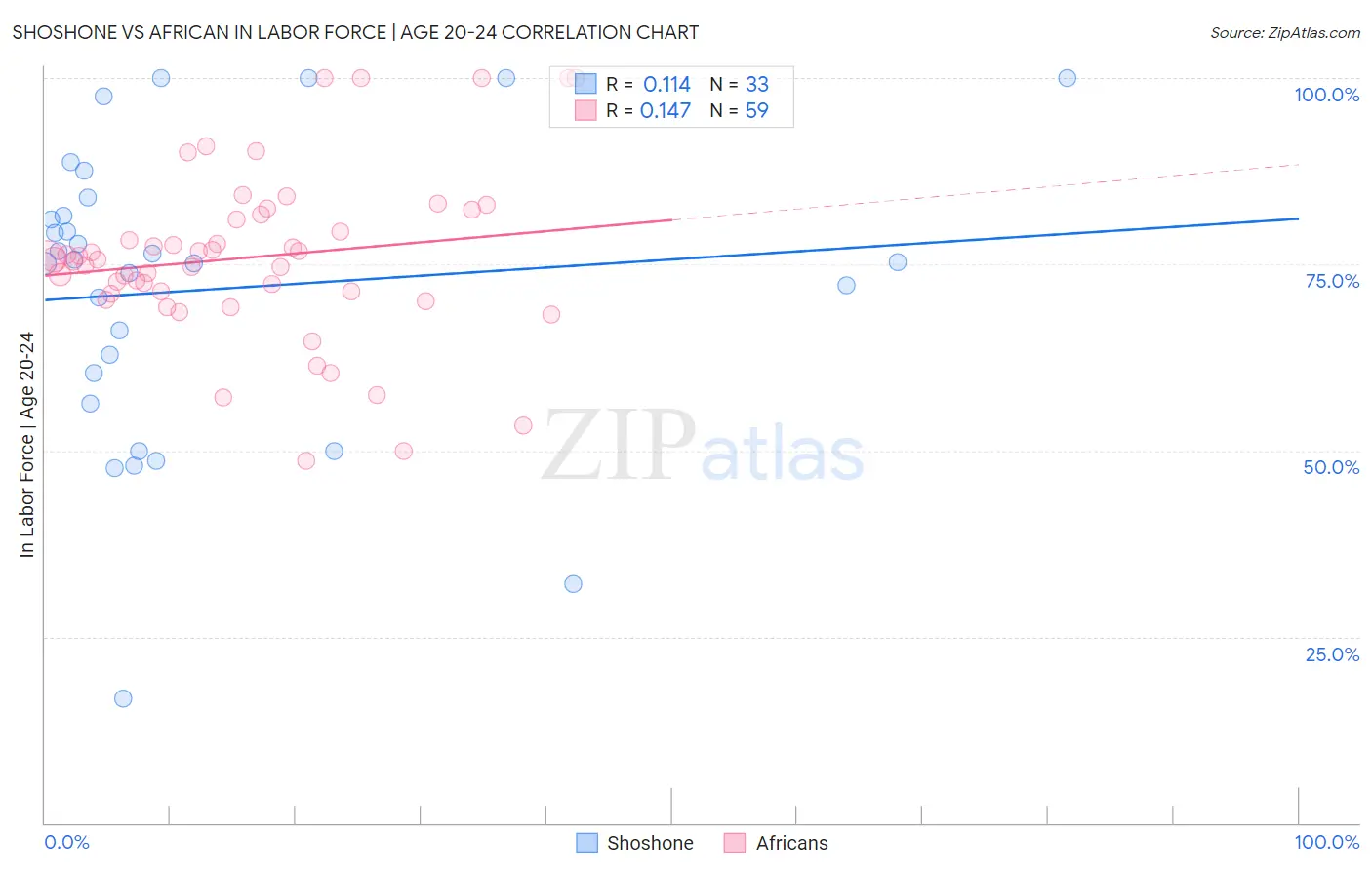 Shoshone vs African In Labor Force | Age 20-24
