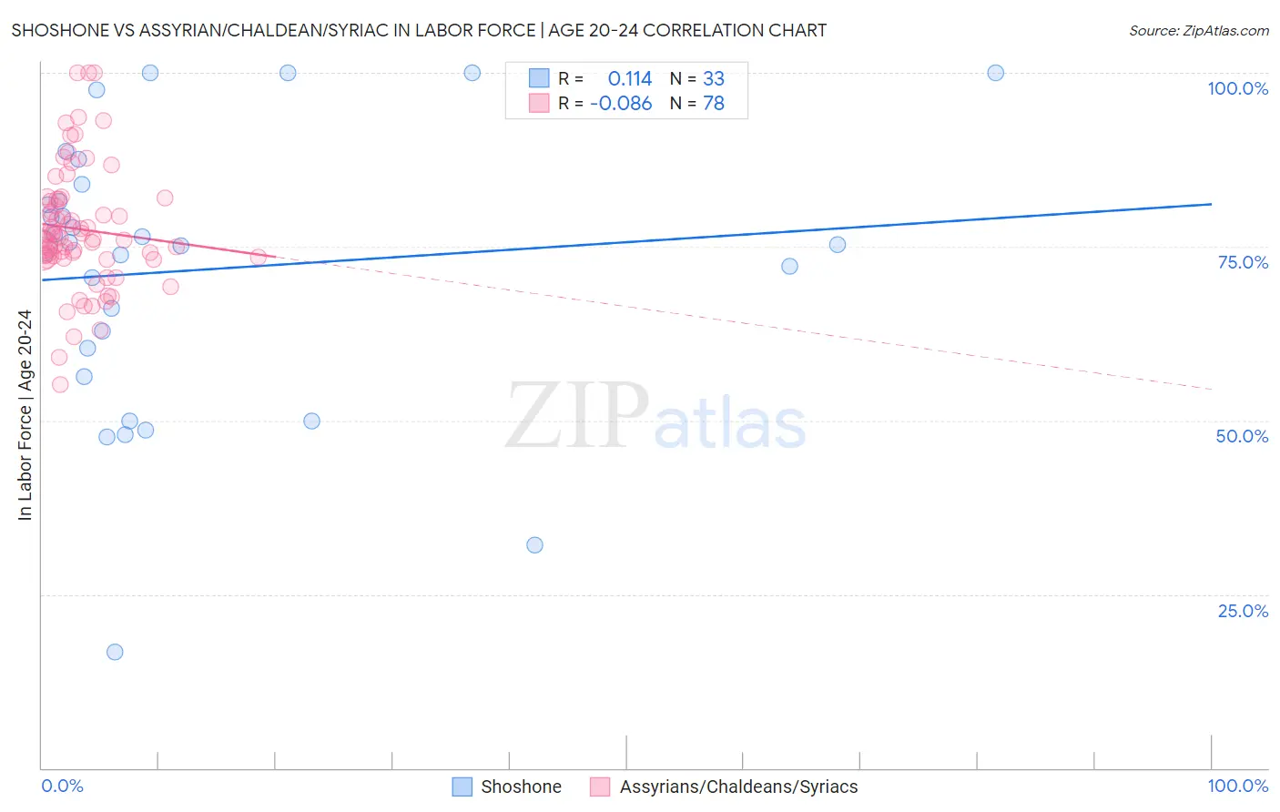 Shoshone vs Assyrian/Chaldean/Syriac In Labor Force | Age 20-24