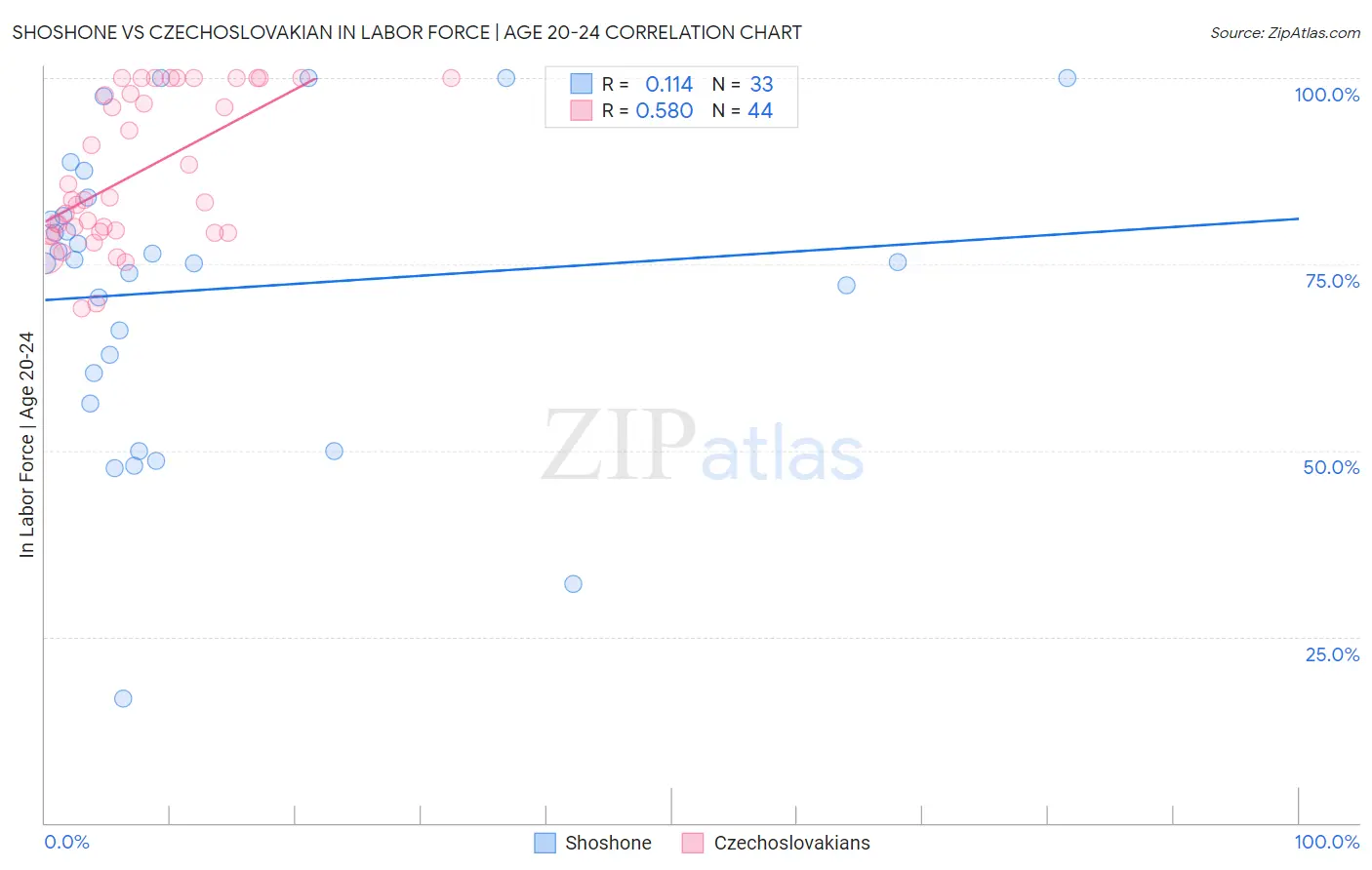 Shoshone vs Czechoslovakian In Labor Force | Age 20-24