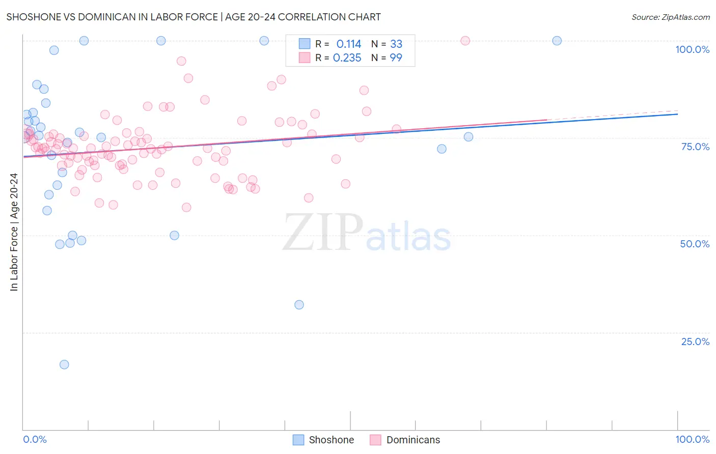 Shoshone vs Dominican In Labor Force | Age 20-24