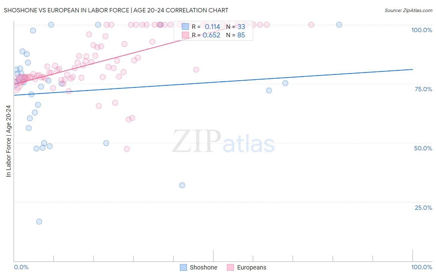Shoshone vs European In Labor Force | Age 20-24