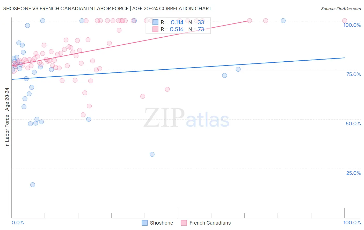 Shoshone vs French Canadian In Labor Force | Age 20-24