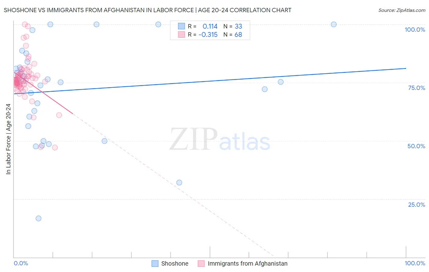 Shoshone vs Immigrants from Afghanistan In Labor Force | Age 20-24