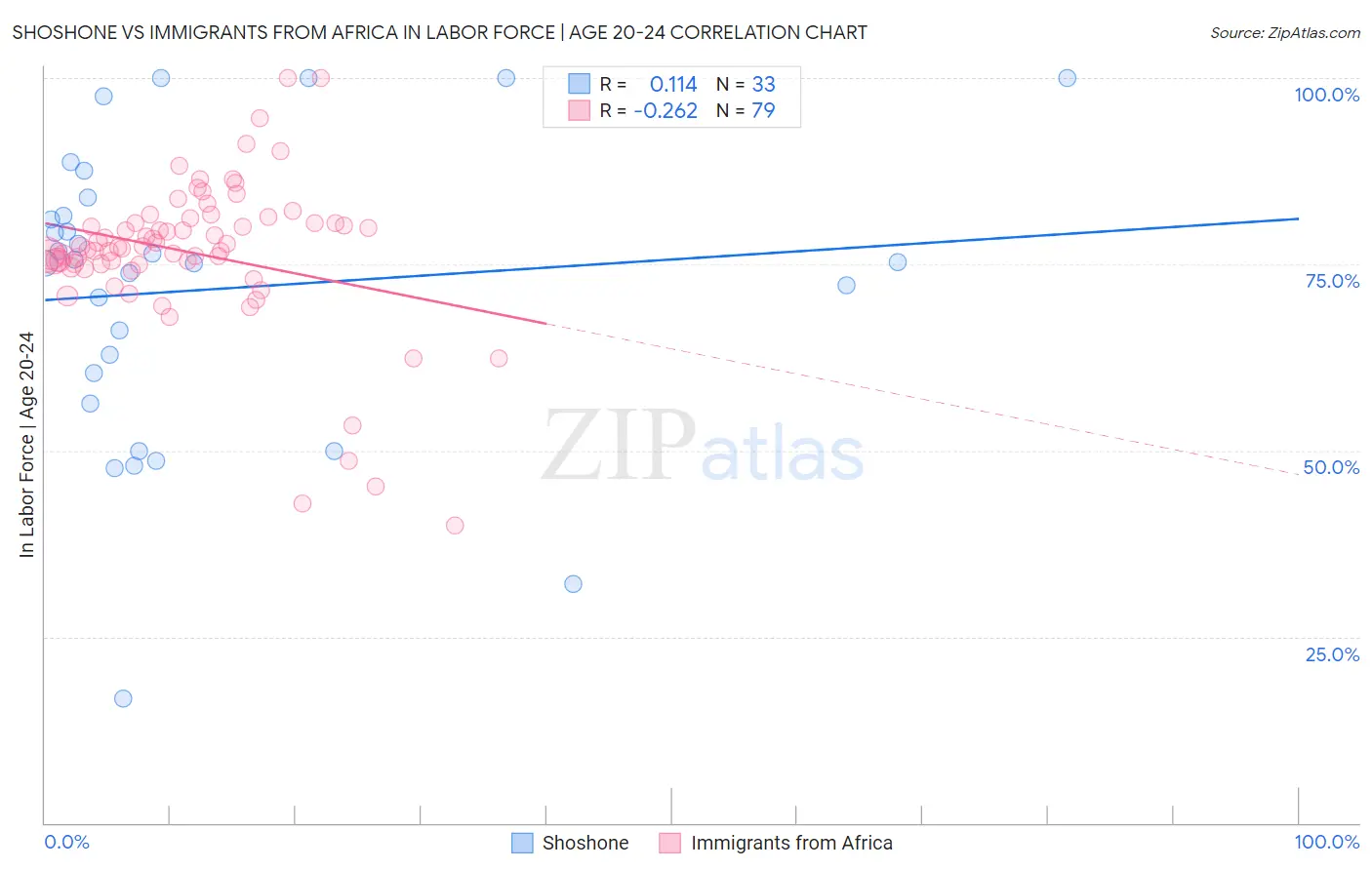 Shoshone vs Immigrants from Africa In Labor Force | Age 20-24