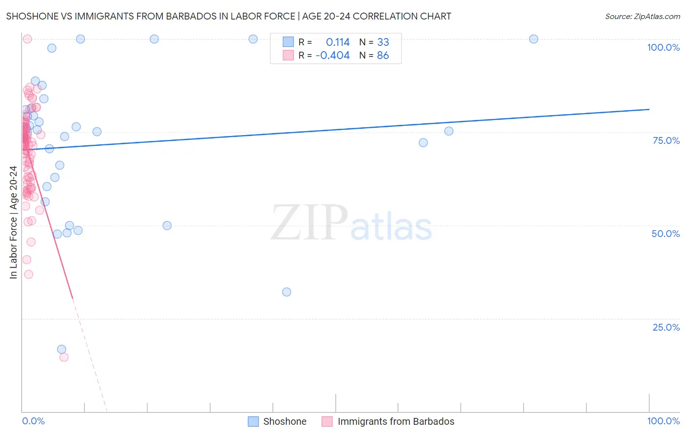 Shoshone vs Immigrants from Barbados In Labor Force | Age 20-24