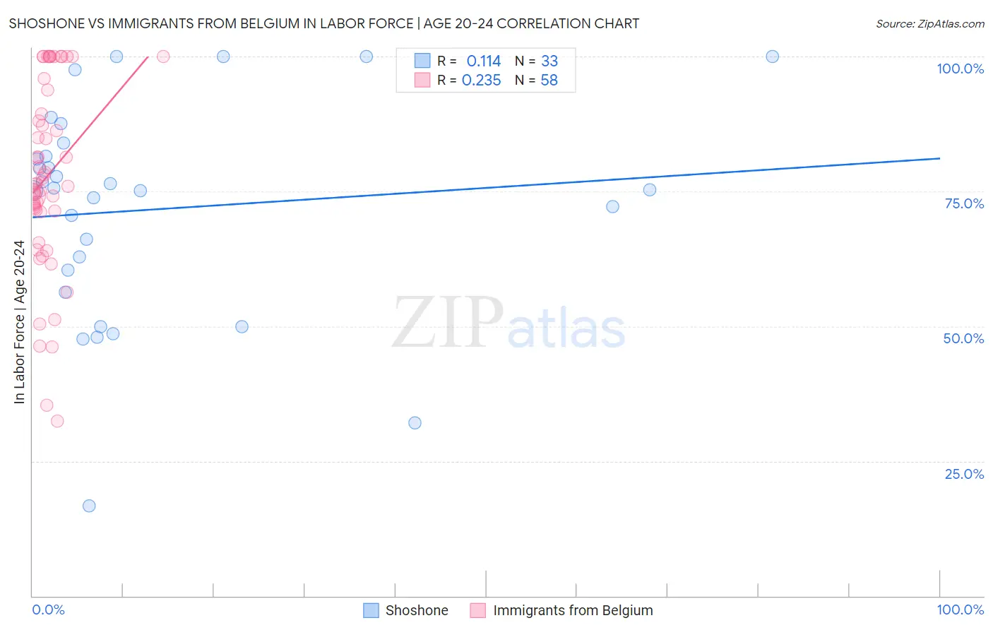 Shoshone vs Immigrants from Belgium In Labor Force | Age 20-24