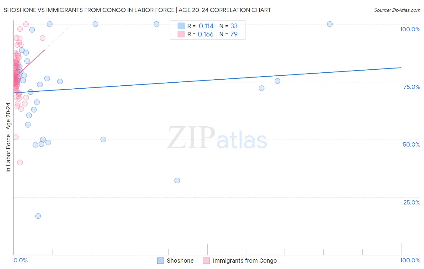 Shoshone vs Immigrants from Congo In Labor Force | Age 20-24