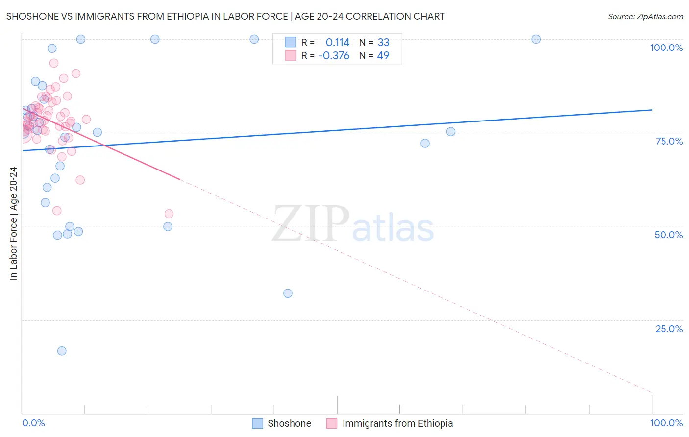 Shoshone vs Immigrants from Ethiopia In Labor Force | Age 20-24