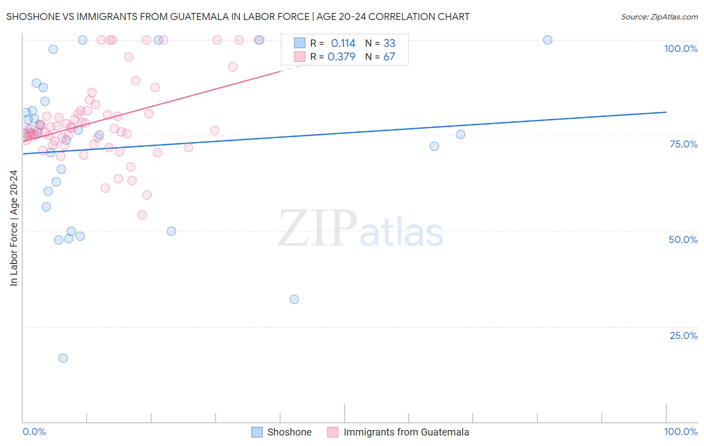 Shoshone vs Immigrants from Guatemala In Labor Force | Age 20-24