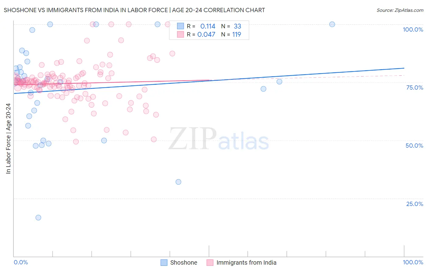 Shoshone vs Immigrants from India In Labor Force | Age 20-24