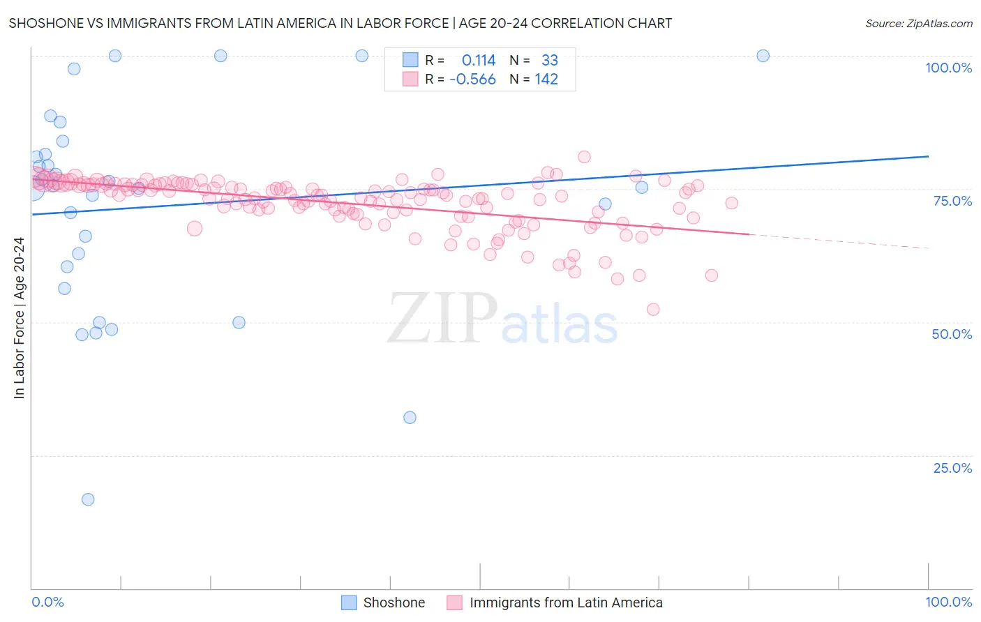 Shoshone vs Immigrants from Latin America In Labor Force | Age 20-24